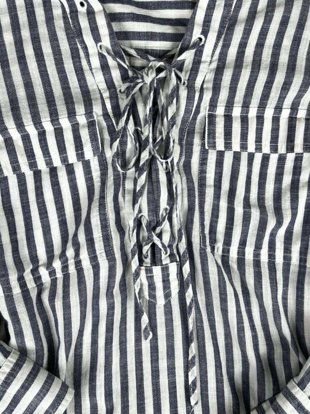Madewell Lace Up Terrace Blouse Women's XS Blue White Striped Boho Cottagecore - Picture 6 of 13